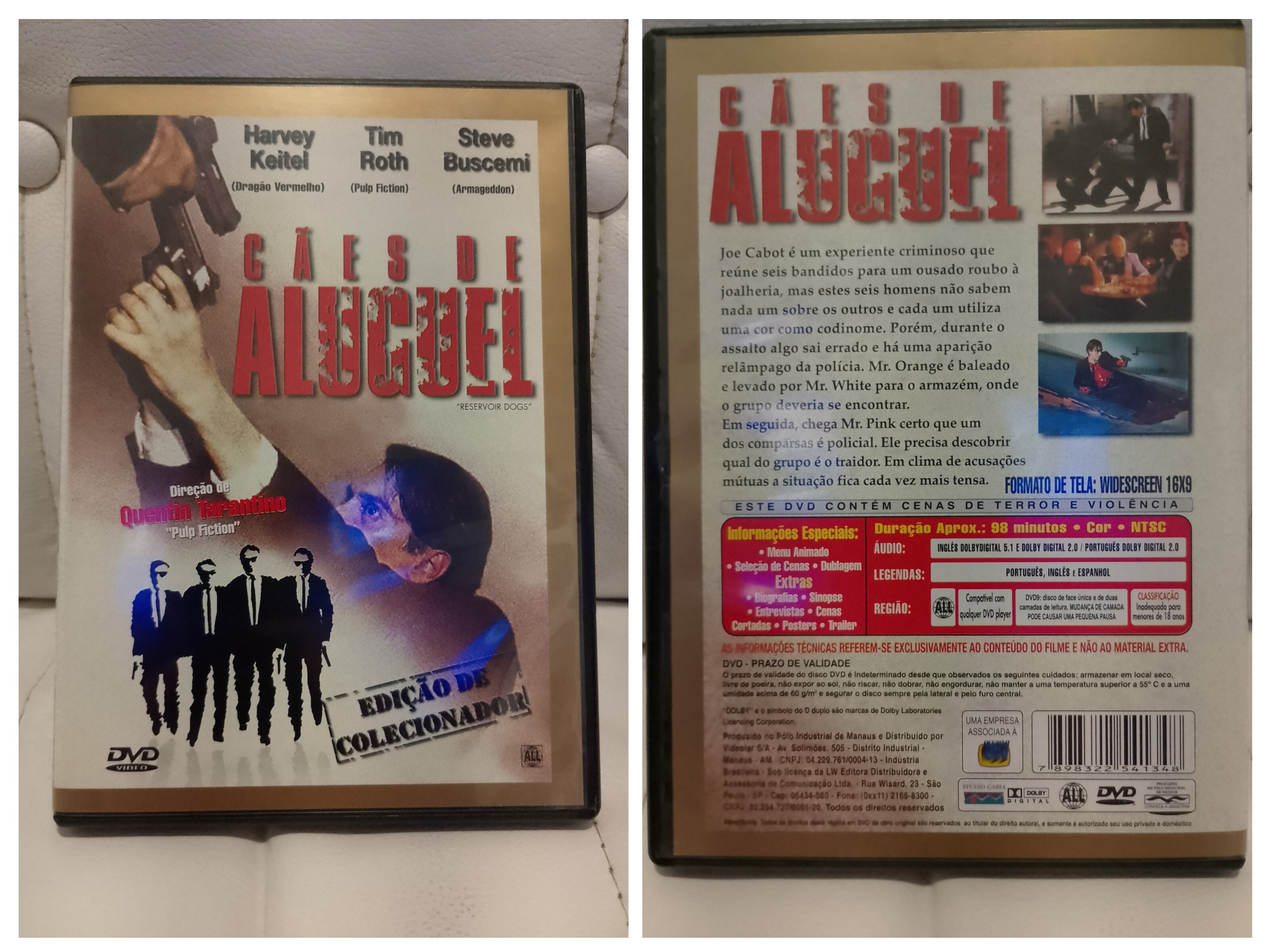 Auto-generated description: Capa de DVD do filme Cães de Aluguel com imagens dos personagens e texto em português detalhando a sinopse e informações da edição.