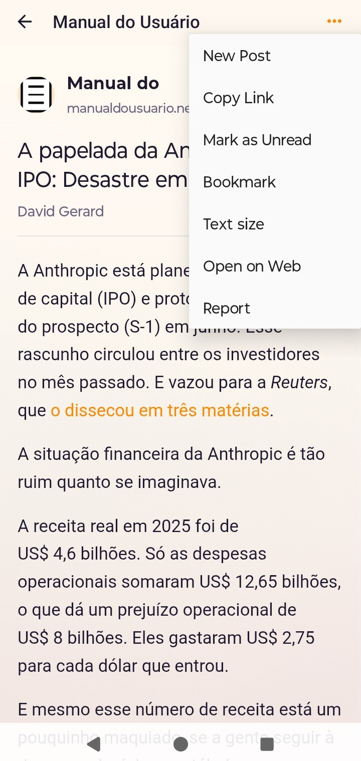 Auto-generated description: Um artigo em português discute a situação financeira difícil da empresa Anthropic em seu lançamento de IPO, detalhando prejuízos operacionais e receitas projetadas para 2025.