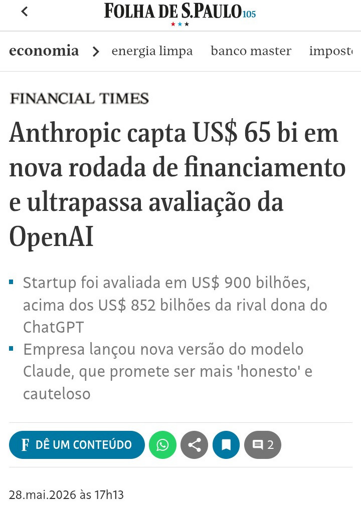 Página de um artigo jornalístico sobre a Anthropic captando US$ 65 bilhões em uma nova rodada de financiamento, superando a avaliação da OpenAI.