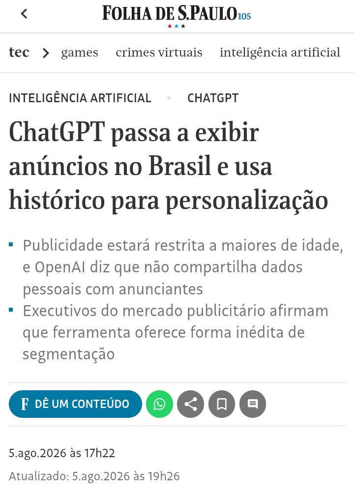 ChatGPT começará a exibir anúncios personalizados no Brasil usando o histórico dos usuários, com restrição a maiores de idade e sem compartilhar dados pessoais com anunciantes.