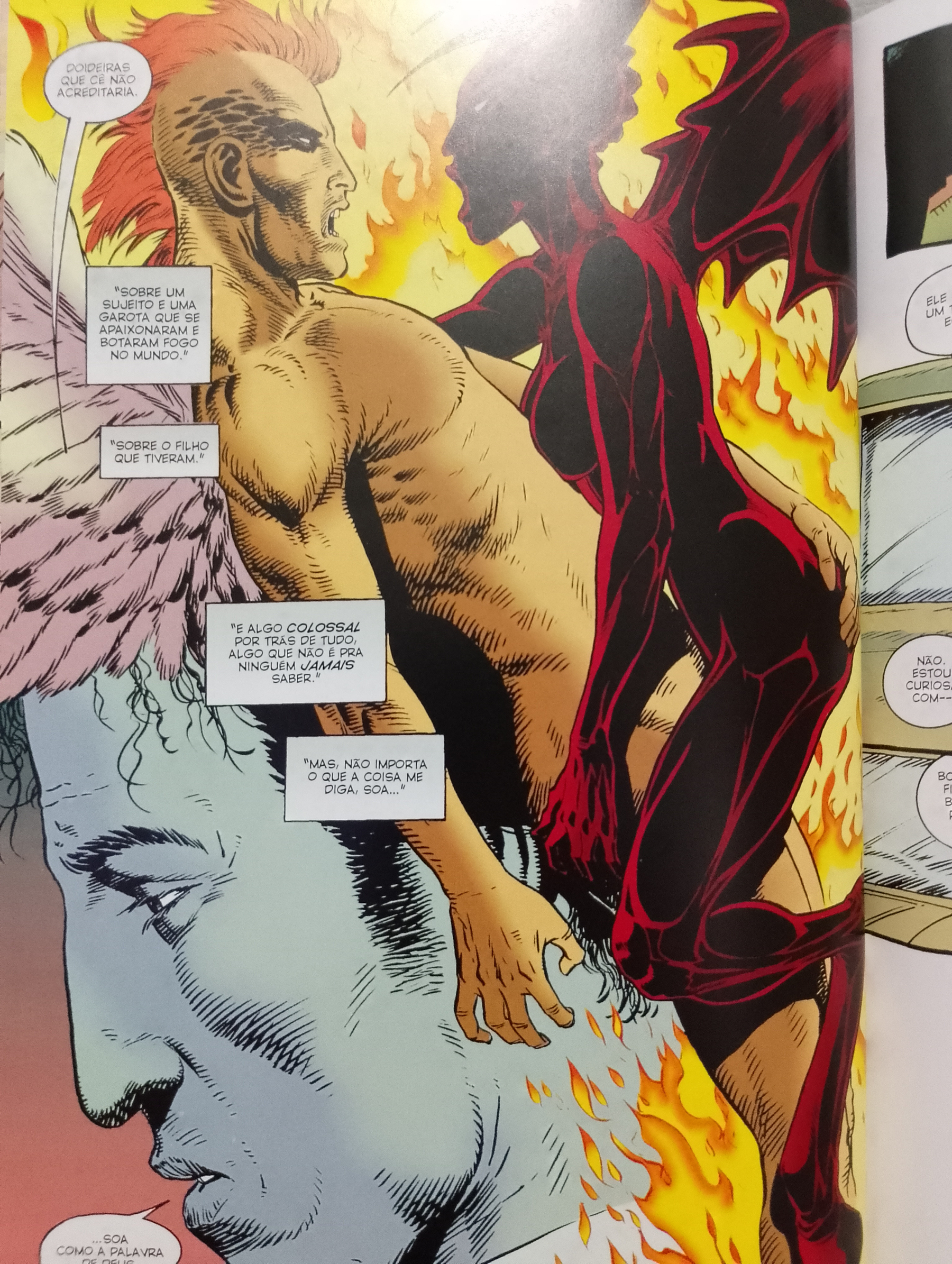 Auto-generated description: Um homem com cabelos em chamas é segurado por uma figura feminina de pele vermelha e asas, rodeada por fogo.